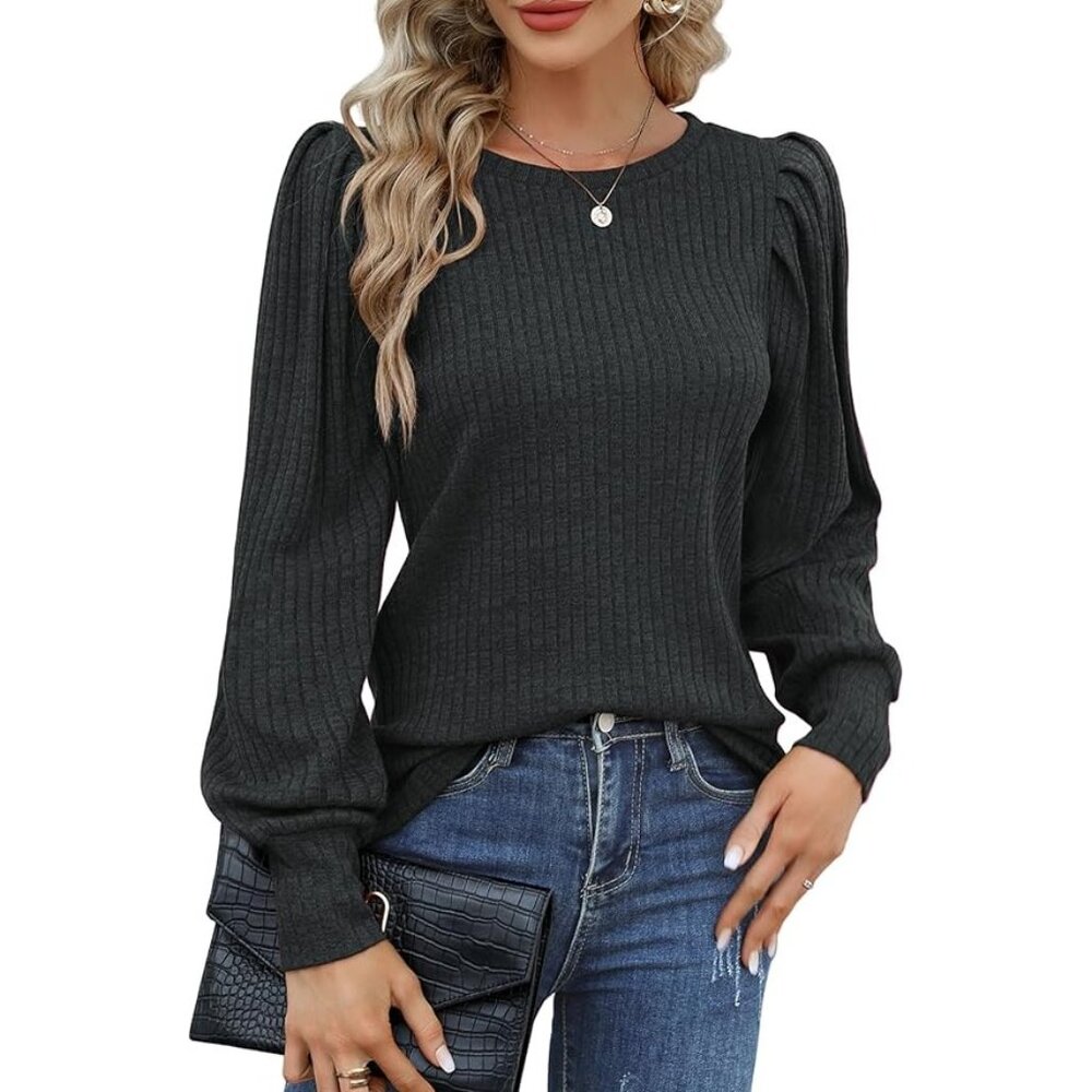 Hotouch Sweater Size Medium Crewneck Long Sleeve Ribbed Knit Top Gray Cozy Knit